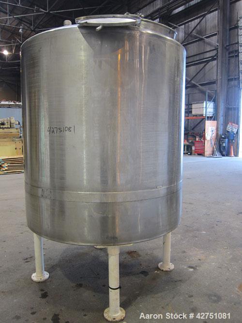 Used Tank, 1000 Gallon, 304 Stainless Steel, Vertical. 66" Diameter x 66" straight side, dished top, coned bottom. Openings top 1-1/2", (2) 2" NPT, (2) 3", 18" man way with cover. 2" Tri-clamp center...