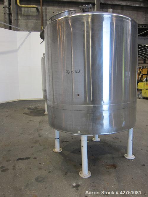 Used Tank, 1000 Gallon, 304 Stainless Steel, Vertical. 66" Diameter x 66" straight side, dished top, coned bottom. Openings top 1-1/2", (2) 2" NPT, (2) 3", 18" man way with cover. 2" Tri-clamp center...