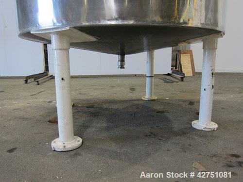 Used Tank, 1000 Gallon, 304 Stainless Steel, Vertical. 66" Diameter x 66" straight side, dished top, coned bottom. Openings top 1-1/2", (2) 2" NPT, (2) 3", 18" man way with cover. 2" Tri-clamp center...