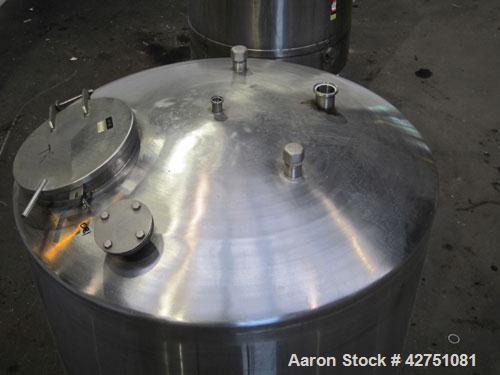 Used Tank, 1000 Gallon, 304 Stainless Steel, Vertical. 66" Diameter x 66" straight side, dished top, coned bottom. Openings top 1-1/2", (2) 2" NPT, (2) 3", 18" man way with cover. 2" Tri-clamp center...