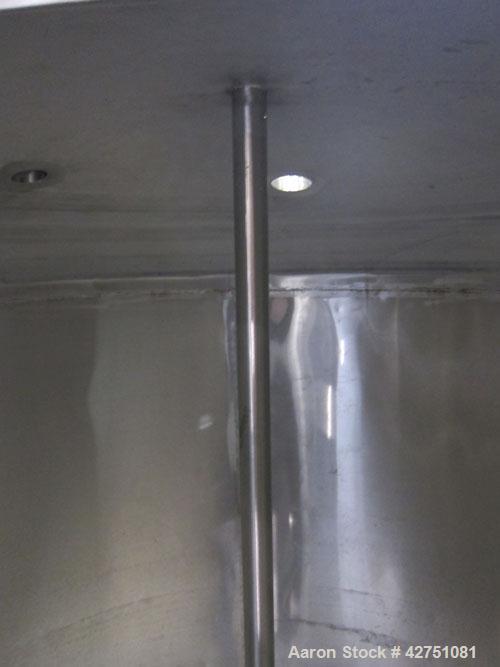 Used Tank, 1000 Gallon, 304 Stainless Steel, Vertical. 66" Diameter x 66" straight side, dished top, coned bottom. Openings top 1-1/2", (2) 2" NPT, (2) 3", 18" man way with cover. 2" Tri-clamp center...