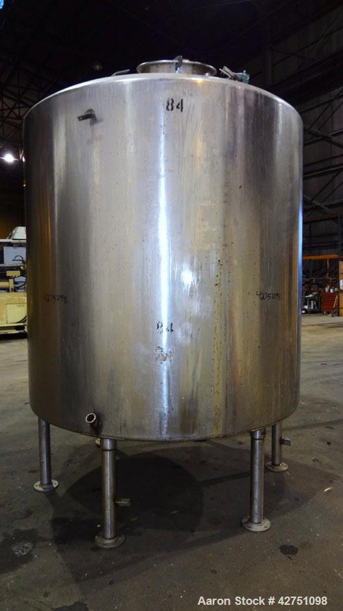 Used Tank, 2000 Gallon, 304 Stainless Steel Vertical. 84" Diameter x 80" straight side. Dished top, coned bottom. Openings top 2", 4", 18" man way with cover, side 2". 3" Tri-clamp center bottom outl...