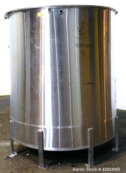 Used Tank, 1000 Gallon, 316 Stainless Steel, Vertical. Approximate 68’’ diameter x 70’’ straight side. Open top with a 1 piece hinged cover, flat bottom. Approximate 2’’ center bottom outlet. Mounted...
