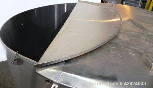 Used Tank, 1000 Gallon, 316 Stainless Steel, Vertical. Approximate 68’’ diameter x 70’’ straight side. Open top with a 1 piece hinged cover, flat bottom. Approximate 2’’ center bottom outlet. Mounted...