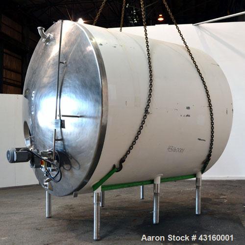 Used Storage Tank, 3000 Gallon, 304 Stainless Steel, Horizontal. 90" Diameter x 96" straight side, dished heads. Insulated with carbon steel sheathing. Partial jacket, no rating. (1) Spray ball. Side...