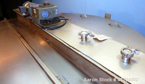 Used Tank, 1,200 Gallon, Stainless Steel, Vertical. Open top with lids, dished bottom. Side mounted level gauge and bridge mounted 1 hp agitator.  1-1/2’’ Center bottom outlet.  Mounted on (4) stainl...