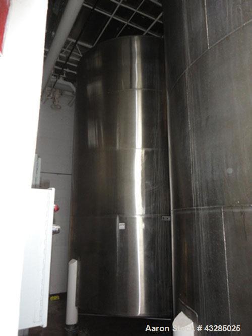 Used Perry Tank, 4700 Gallon, Stainless Steel, Vertical. 96” Diameter x 156” straight side. Slight dished top and bottom. 2” Center bottom outlet. Mounted on legs.