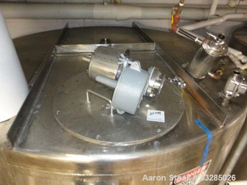 Used Perry Tank, 4275 Gallon, Stainless Steel, Vertical. 96” Diameter x 132” straight side. Slight dished top and bottom. 2” Center bottom outlet. Mounted on legs.