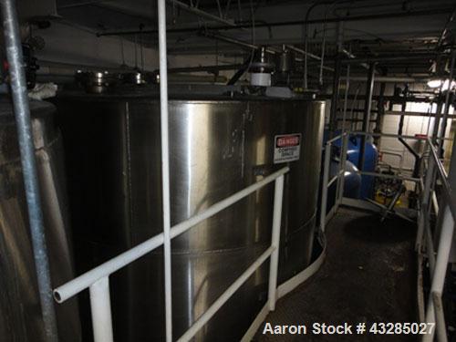 Used Perry Tank, 4275 Gallon, Stainless Steel, Vertical. 96” Diameter x 132” straight side. Slight dished top and bottom. 2” Center bottom outlet. Mounted on legs.