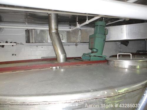 Used Tank, 3000 Gallon, Stainless Steel, Vertical.  Approximately 102" diameter x 84" straight side.  Flat top and bottom.  Off center top entering Lightnin agitator with shaft and prop. Mounted on 4...