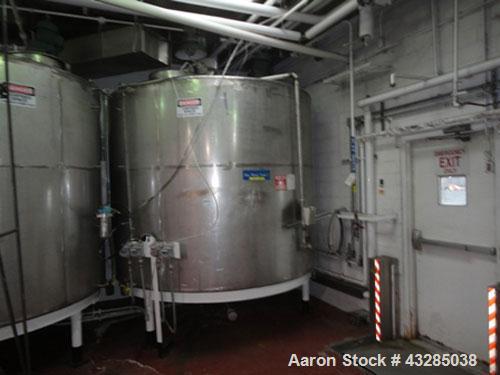 Used Tank, 3000 Gallon, Stainless Steel, Vertical.  Approximately 102" diameter x 84" straight side.  Flat top and bottom.  Off center top entering Lightnin agitator with shaft and prop. Mounted on 4...