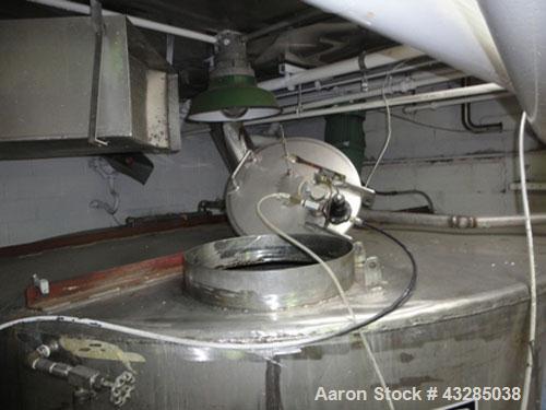 Used Tank, 3000 Gallon, Stainless Steel, Vertical.  Approximately 102" diameter x 84" straight side.  Flat top and bottom.  Off center top entering Lightnin agitator with shaft and prop. Mounted on 4...