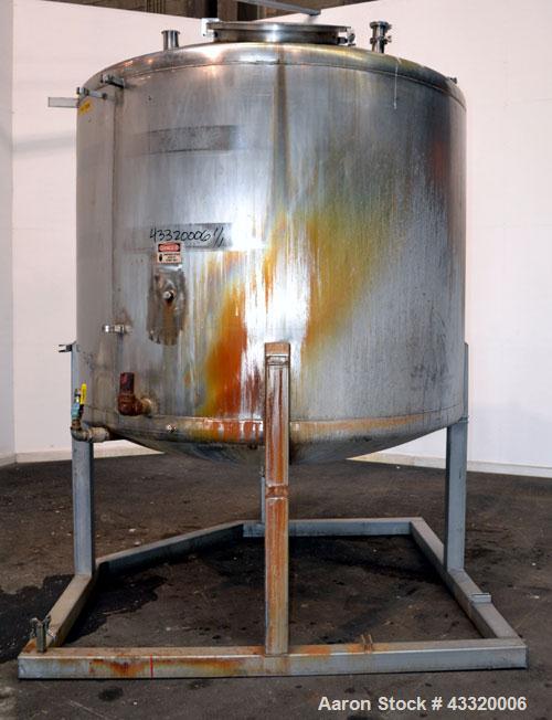 Used Tank, 1650 Gallon, 316 Stainless Steel, Vertical. Approximate 84” diameter x 60” straight side, dished top and bottom. Openings top 2” tri-clamp, (4) 3” tri-clamp, 2-1/2” tri-clamp, 23” man way ...
