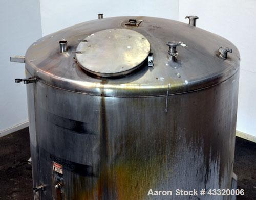 Used Tank, 1650 Gallon, 316 Stainless Steel, Vertical. Approximate 84” diameter x 60” straight side, dished top and bottom. Openings top 2” tri-clamp, (4) 3” tri-clamp, 2-1/2” tri-clamp, 23” man way ...