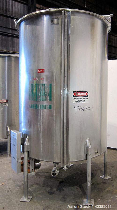 Used Tank, 1000 Gallon, 304 Stainless Steel, Vertical. Approximate 61” diameter x 81” straight side, flat top with a bolt on cover with a 1/3 hinged opening, sloped bottom. Side bottom entering agita...