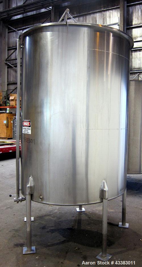 Used Tank, 1000 Gallon, 304 Stainless Steel, Vertical. Approximate 61” diameter x 81” straight side, flat top with a bolt on cover with a 1/3 hinged opening, sloped bottom. Side bottom entering agita...