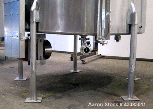 Used Tank, 1000 Gallon, 304 Stainless Steel, Vertical. Approximate 61” diameter x 81” straight side, flat top with a bolt on cover with a 1/3 hinged opening, sloped bottom. Side bottom entering agita...
