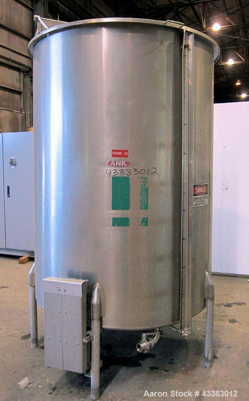 Used Tank, 1000 Gallon, 304 Stainless Steel, Vertical. Approximate 61” diameter x 81” straight side, flat top with a bolt on cover with a 1/3 hinged opening, sloped bottom. Side bottom entering agita...