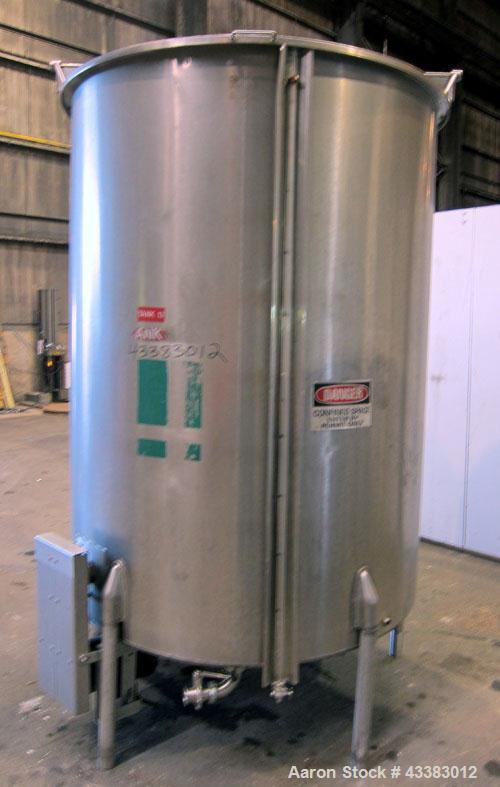 Used Tank, 1000 Gallon, 304 Stainless Steel, Vertical. Approximate 61” diameter x 81” straight side, flat top with a bolt on cover with a 1/3 hinged opening, sloped bottom. Side bottom entering agita...
