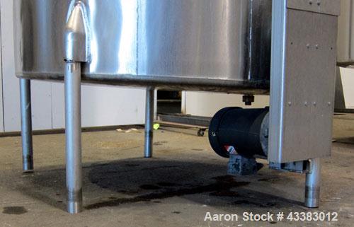 Used Tank, 1000 Gallon, 304 Stainless Steel, Vertical. Approximate 61” diameter x 81” straight side, flat top with a bolt on cover with a 1/3 hinged opening, sloped bottom. Side bottom entering agita...