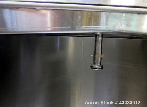 Used Tank, 1000 Gallon, 304 Stainless Steel, Vertical. Approximate 61” diameter x 81” straight side, flat top with a bolt on cover with a 1/3 hinged opening, sloped bottom. Side bottom entering agita...