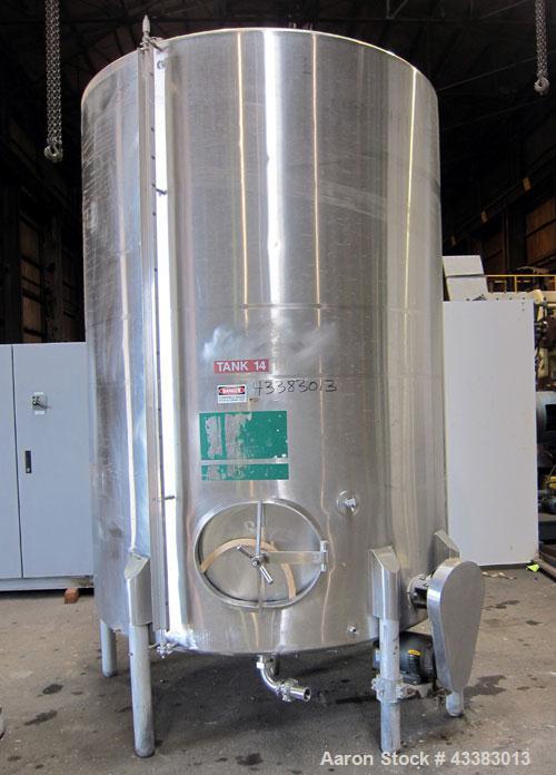 Used Tank, 2225 Gallon, 304 Stainless Steel, Vertical. Approximate 79” diameter x 105” straight side, flat welded top, sloped bottom. Side bottom entering agitator, 3 blade prop driven by a 5hp, 3/60...