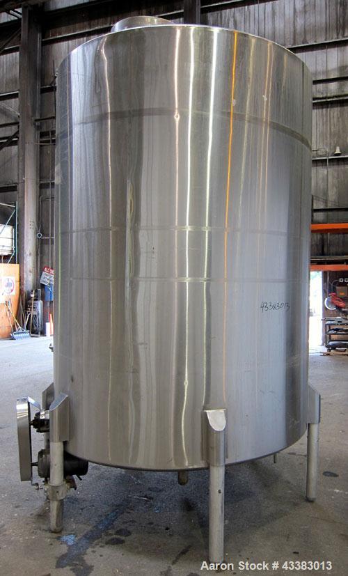 Used Tank, 2225 Gallon, 304 Stainless Steel, Vertical. Approximate 79” diameter x 105” straight side, flat welded top, sloped bottom. Side bottom entering agitator, 3 blade prop driven by a 5hp, 3/60...