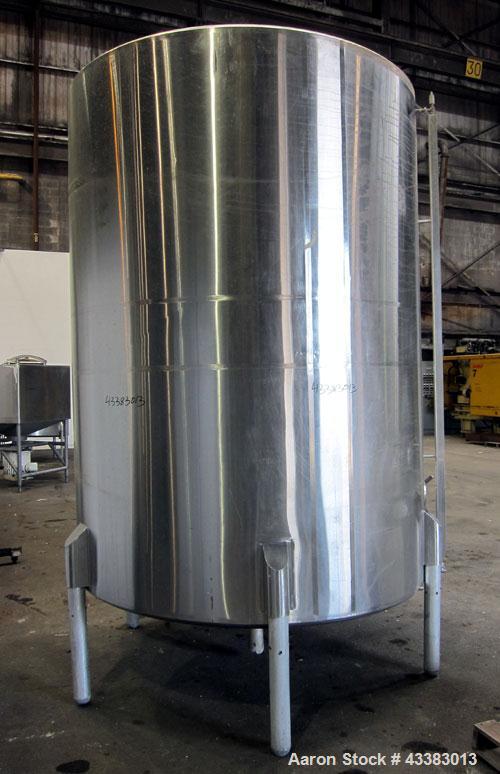 Used Tank, 2225 Gallon, 304 Stainless Steel, Vertical. Approximate 79” diameter x 105” straight side, flat welded top, sloped bottom. Side bottom entering agitator, 3 blade prop driven by a 5hp, 3/60...