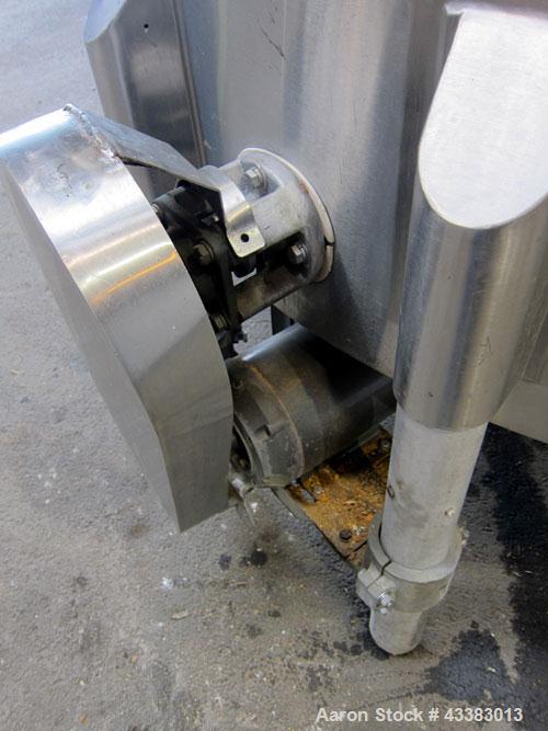 Used Tank, 2225 Gallon, 304 Stainless Steel, Vertical. Approximate 79” diameter x 105” straight side, flat welded top, sloped bottom. Side bottom entering agitator, 3 blade prop driven by a 5hp, 3/60...