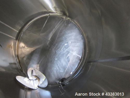 Used Tank, 2225 Gallon, 304 Stainless Steel, Vertical. Approximate 79” diameter x 105” straight side, flat welded top, sloped bottom. Side bottom entering agitator, 3 blade prop driven by a 5hp, 3/60...