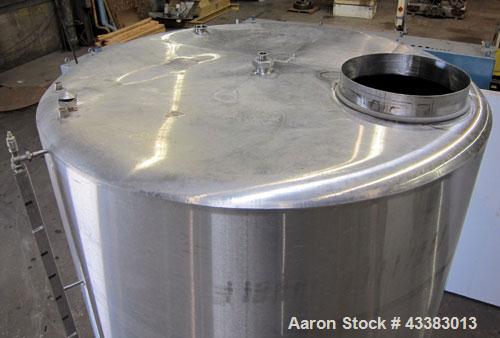 Used Tank, 2225 Gallon, 304 Stainless Steel, Vertical. Approximate 79” diameter x 105” straight side, flat welded top, sloped bottom. Side bottom entering agitator, 3 blade prop driven by a 5hp, 3/60...