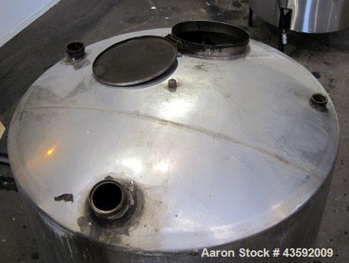 Used Tank, 1100 Gallon, 304 Stainless Steel, Vertical. Approximately 72” diameter x 60” straight side, dished top and bottom. Side bottom entering agitator with a 3 blade prop, driven by a 3/4 hp, 3/...