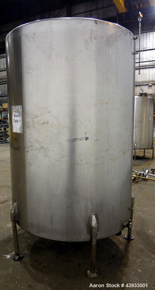 Used Tank, 1050 Gallons, 304 Stainless Steel, Vertical.  Approximately 62” diameter x 82” straight side.  Flat top, sloped bottom.  Off-center top entering Lightnin agitator, model N33G-150.  1-1/2” ...