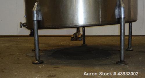 Used Tank, 1050 Gallon, 304 Stainless Steel, Vertical.  Approximately 62” diameter x 82” straight side.  Dished top, sloped bottom.  Off-center top entering Lightnin agitator, model N33G-150.  1-1/2”...