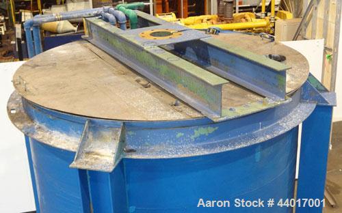 Used Tank, 2,000 Gallon, 304 Stainless Steel, Vertical. 84" Diameter x 72" straight side. Flat open top with (1) 1/3 hinged covers, coned section bottom with a slight dish. Top mounted carbon steel a...