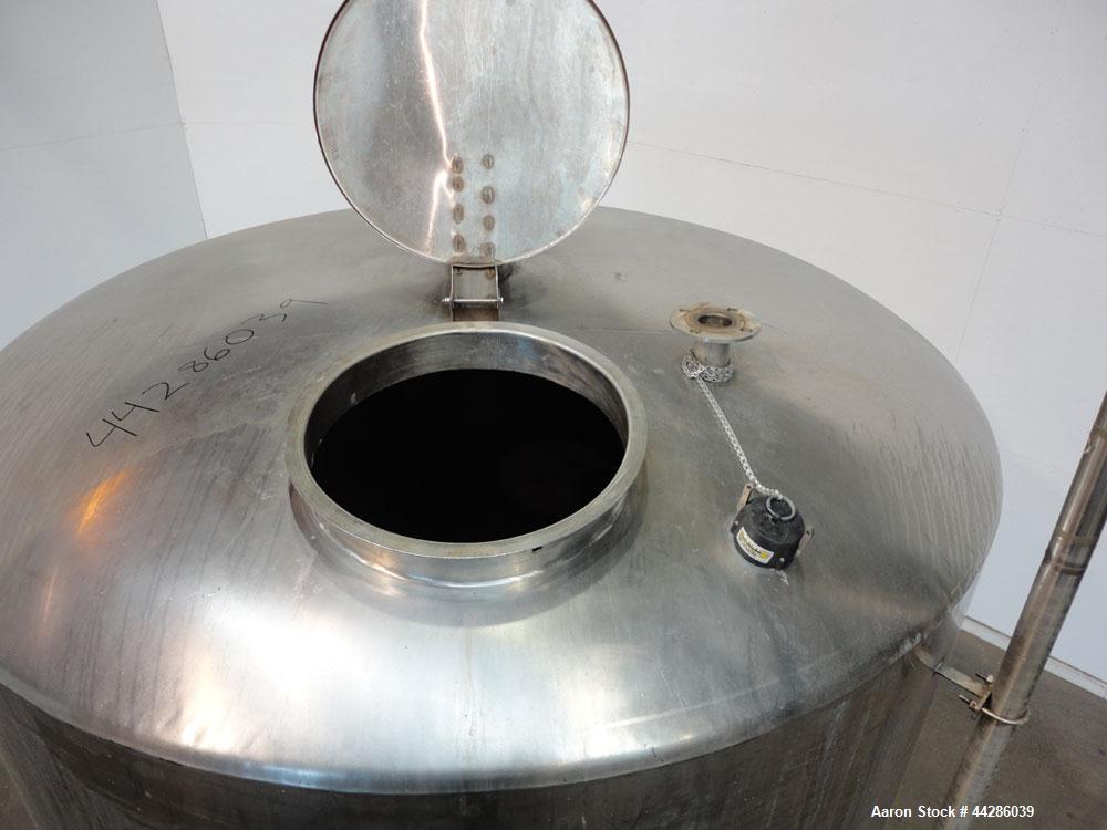 Used Tank, 2000 Gallon, 304 Stainless Steel, Vertical. 84" Diameter x 80" straight side. Dished top, coned bottom. Openings top 2”, 4”, 18” man way with cover, side 2”. 3" Center bottom outlet. Mount...