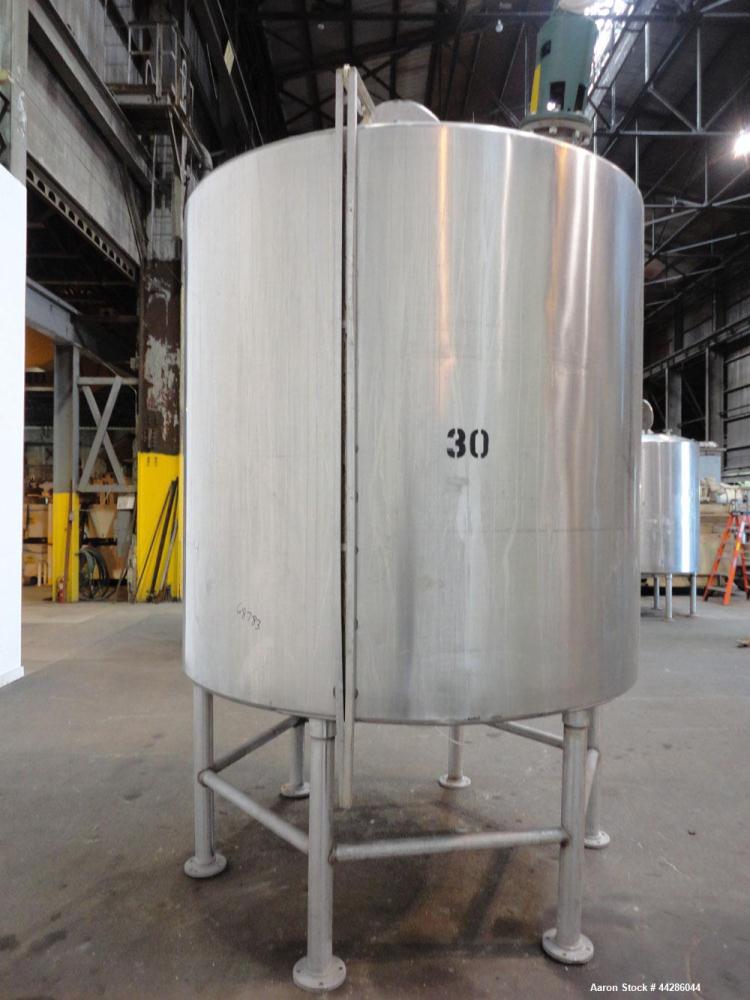 Used Tank, 2000 Gallon, 304 Stainless Steel, Vertical. 84" Diameter x 80" straight side. Dished top, coned bottom. Off center air operated Lightnin agitator, model XJAC-100, serial# R0133919201. 1-1/...