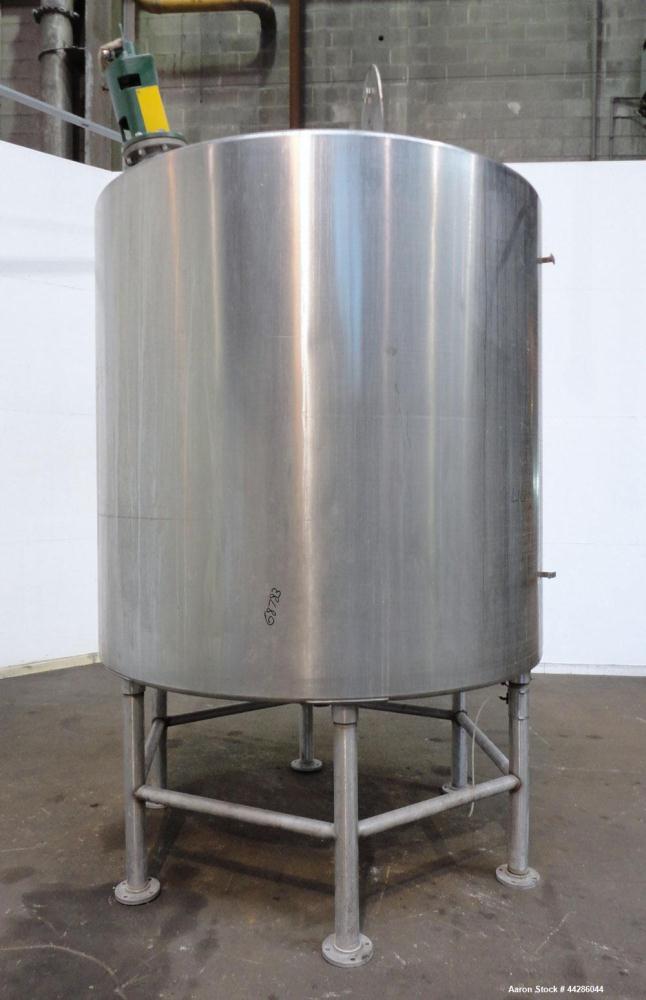 Used Tank, 2000 Gallon, 304 Stainless Steel, Vertical. 84" Diameter x 80" straight side. Dished top, coned bottom. Off center air operated Lightnin agitator, model XJAC-100, serial# R0133919201. 1-1/...