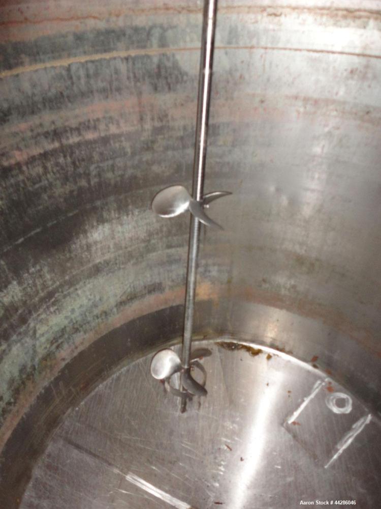 Used Tank, 2000 Gallon, 304 Stainless Steel, Vertical. 84" Diameter x 80" straight side. Dished top, coned bottom. Off center air operated Lightnin agitator, serial# 95/E61633. 1-1/2” Diameter shaft ...