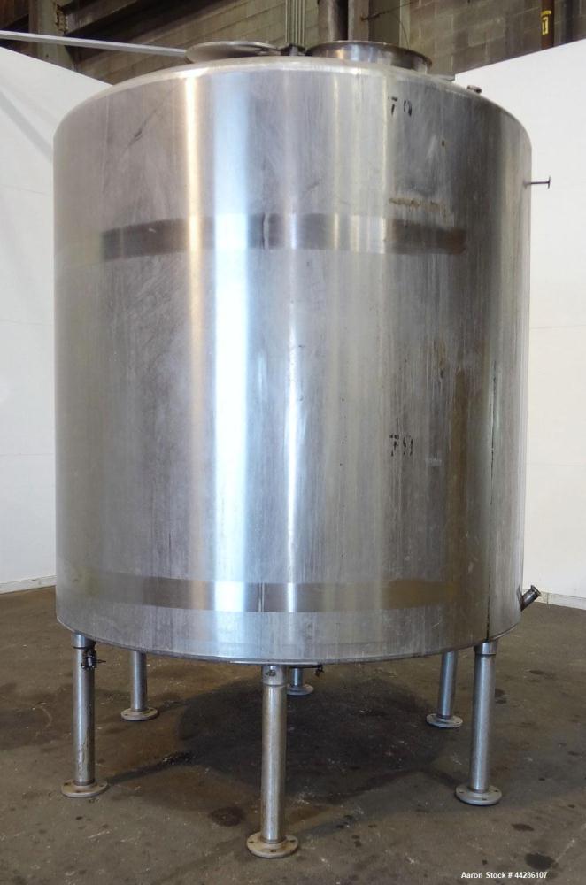 Used Tank, 2000 Gallon, 304 Stainless Steel, Vertical. 84" Diameter x 80" straight side. Dished top, coned bottom. Openings top 2”, 4”, 18” man way with cover, side 2”. 3" Center bottom outlet. Mount...