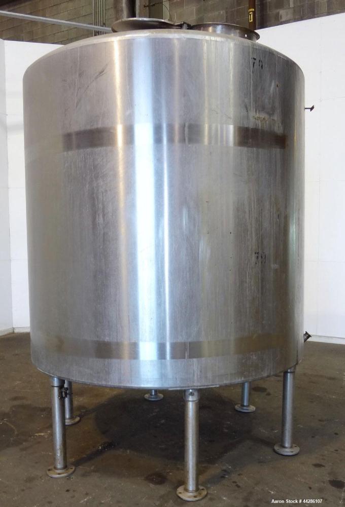 Used- Tank, 2000 Gallon, 304 Stainless Steel, Vertical. 84" Diameter x 80" straight side. Dished top, coned bottom. Openings...