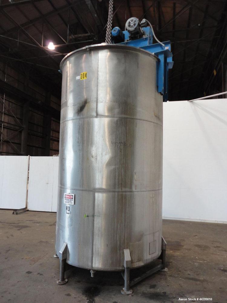 Used Tank, 3400 Gallon, 304 Stainless Steel, Vertical. Approximate 84” diameter x 143” straight side, flat top with 1/3 hinged cover, sloped bottom. Fixed carbon steel agitator bridge with a top ente...