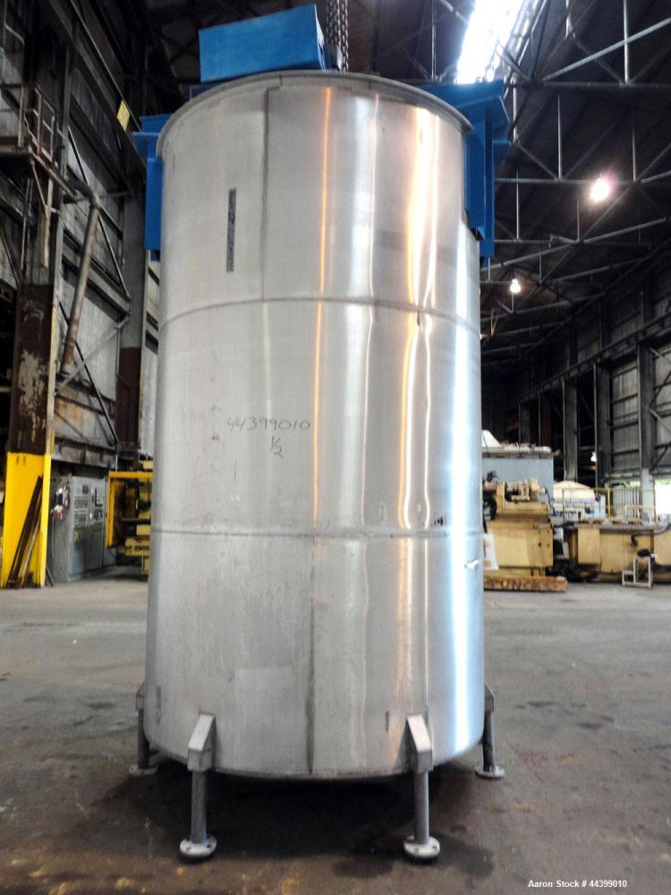 Used Tank, 3400 Gallon, 304 Stainless Steel, Vertical. Approximate 84” diameter x 143” straight side, flat top with 1/3 hinged cover, sloped bottom. Fixed carbon steel agitator bridge with a top ente...