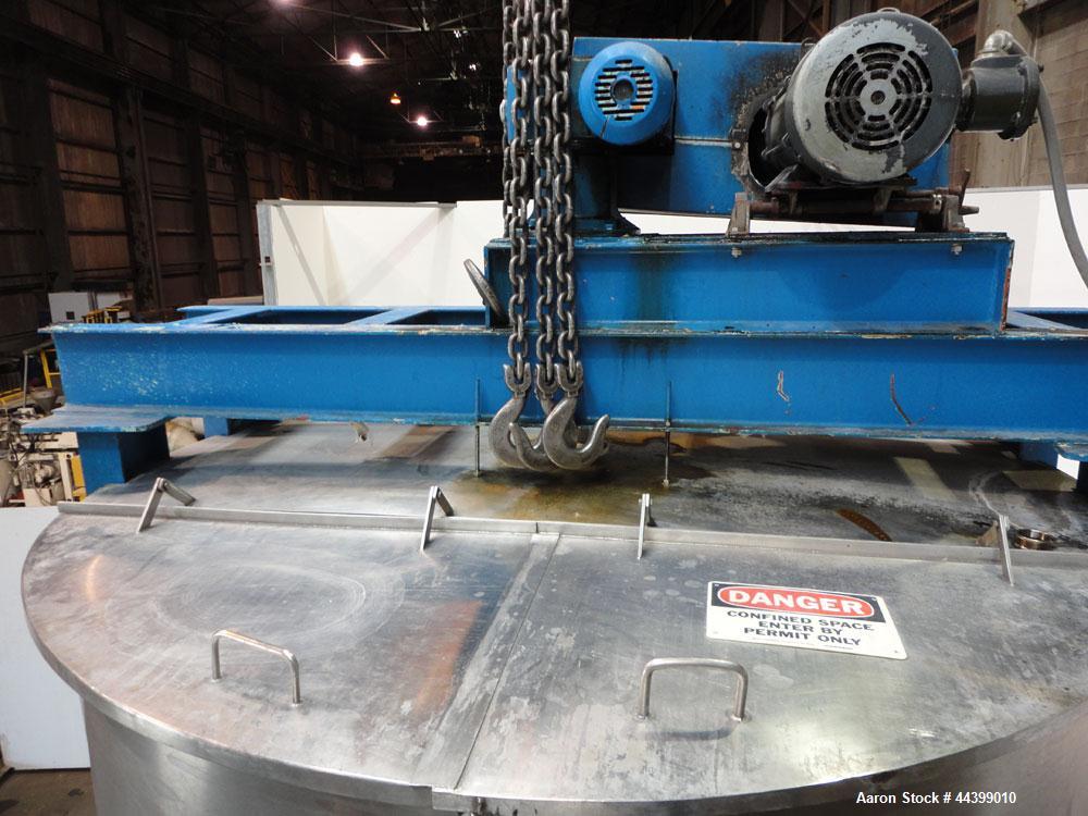 Used Tank, 3400 Gallon, 304 Stainless Steel, Vertical. Approximate 84” diameter x 143” straight side, flat top with 1/3 hinged cover, sloped bottom. Fixed carbon steel agitator bridge with a top ente...