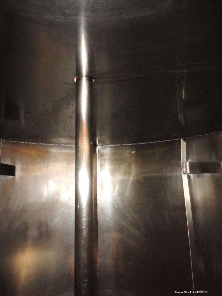 Used Tank, 3400 Gallon, 304 Stainless Steel, Vertical. Approximate 84” diameter x 143” straight side, flat top with 1/3 hinged cover, sloped bottom. Fixed carbon steel agitator bridge with a top ente...
