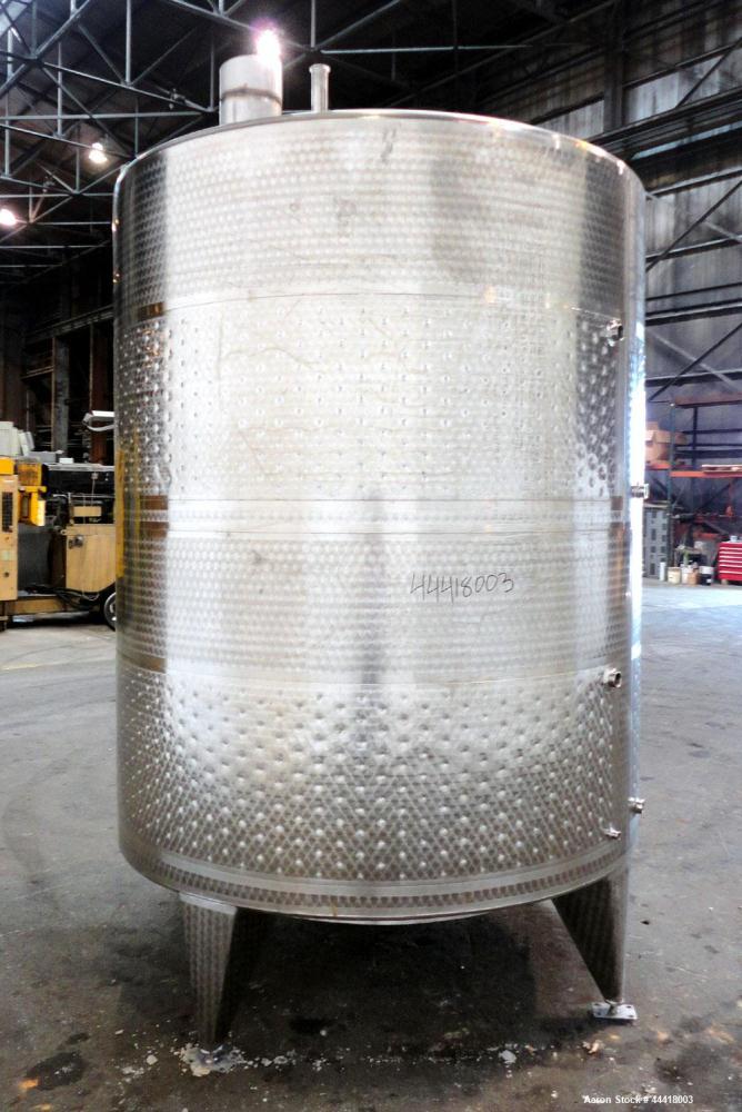 Used Vinquip Jacketed Beverage Tank,  2284 Gallon, 304 Stainless Steel, Vertical. Approximately 83” diameter x 97-1/2” straight side, off center coned top, sloped bottom.  (1) 24” Wide bottom sidewal...