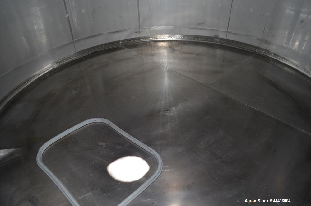 Used Vinquip Jacketed Beverage Tank,  2284 Gallon, 304 Stainless Steel, Vertical. Approximately 83” diameter x 97-1/2” straight side, off center coned top, sloped bottom. (1) 24” Wide bottom sidewall...