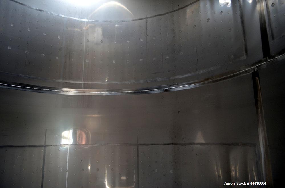 Used Vinquip Jacketed Beverage Tank,  2284 Gallon, 304 Stainless Steel, Vertical. Approximately 83” diameter x 97-1/2” straight side, off center coned top, sloped bottom. (1) 24” Wide bottom sidewall...