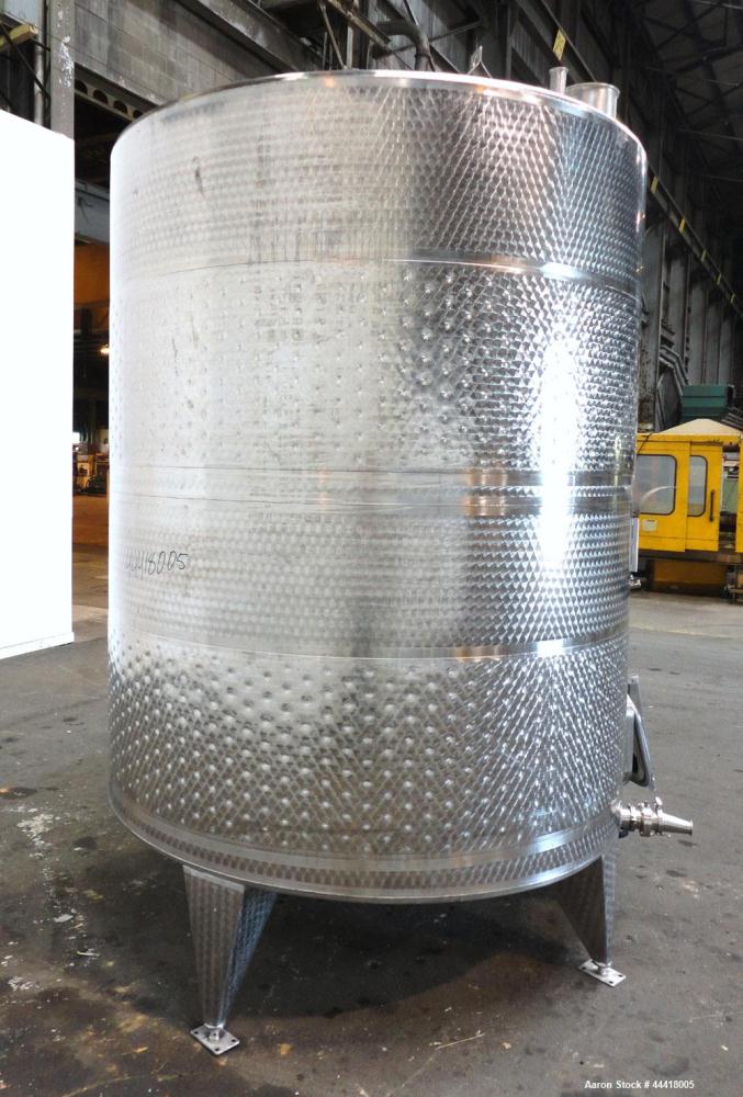 Used Vinquip Jacketed Beverage Tank,  2284 Gallon, 304 Stainless Steel, Vertical. Approximately 83” diameter x 97-1/2” straight side, off center coned top, sloped bottom. (1) 24” Wide bottom sidewall...