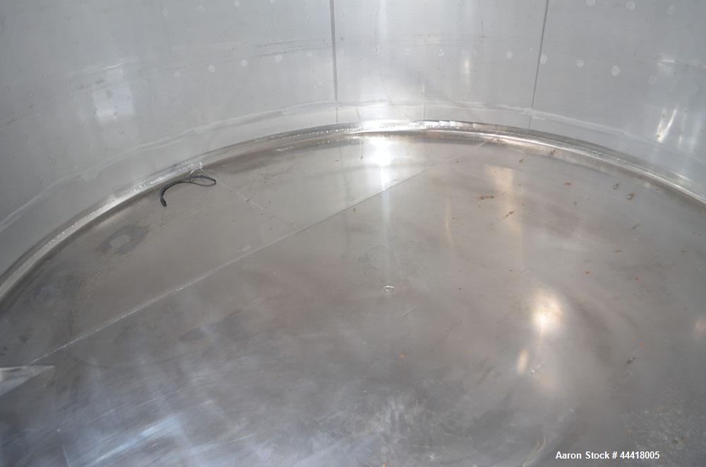 Used Vinquip Jacketed Beverage Tank,  2284 Gallon, 304 Stainless Steel, Vertical. Approximately 83” diameter x 97-1/2” straight side, off center coned top, sloped bottom. (1) 24” Wide bottom sidewall...